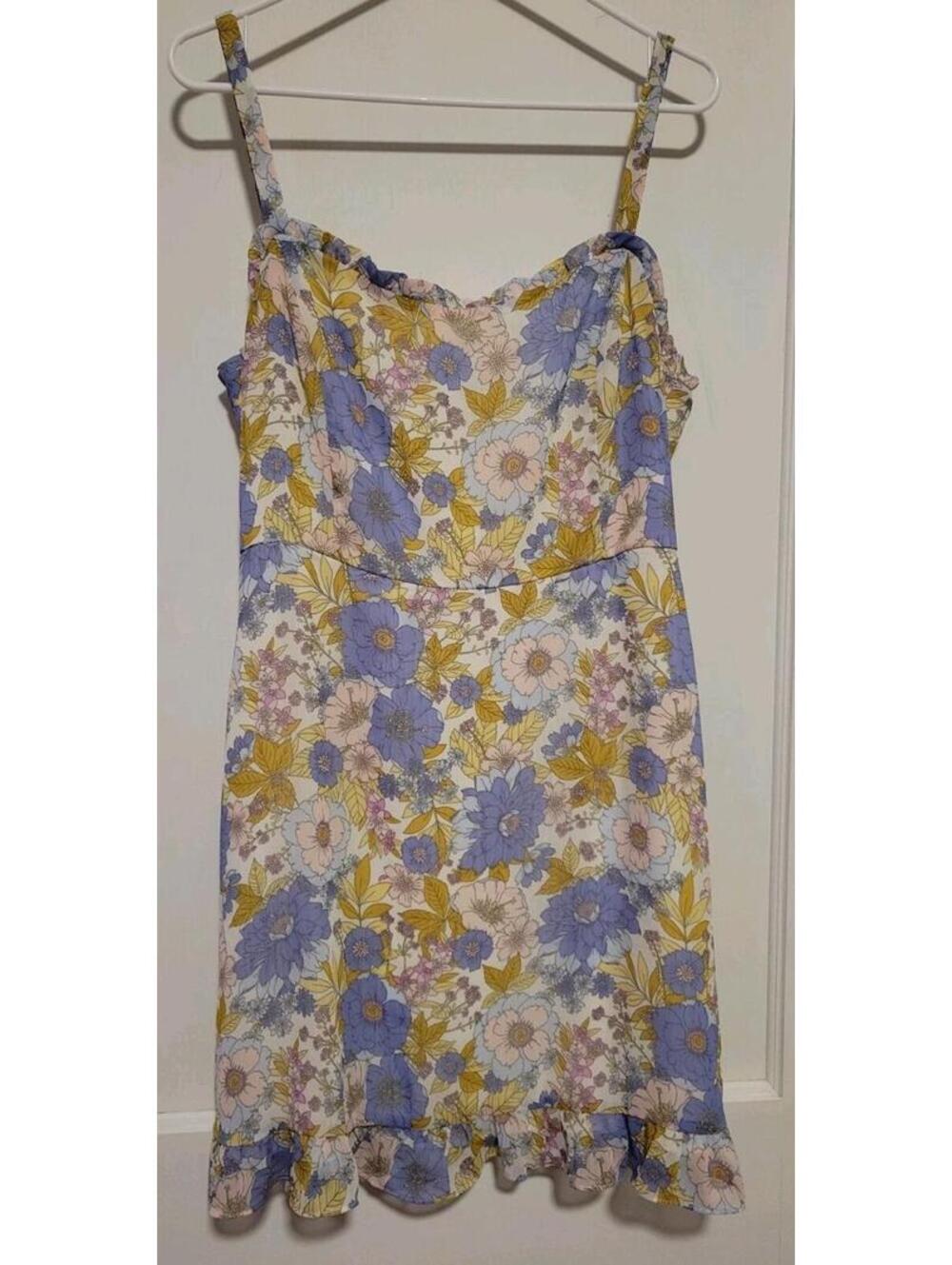 Lush Blue Floral Sundress XL Spaghetti Strap Ruffle Scoop Neck Summer Dress Boho